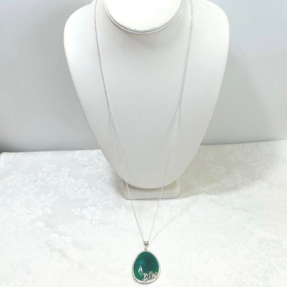 JMH Sterling Silver Shamrock Green Onyx Pendant Necklace Ireland Irish Clover - Picture 5 of 10